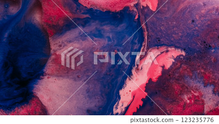 Ink stream. Art fluid. Blue violet purple liquid mix dye color particles abstract blur background. Pigment drip flow marble sparkling texture. 123235776