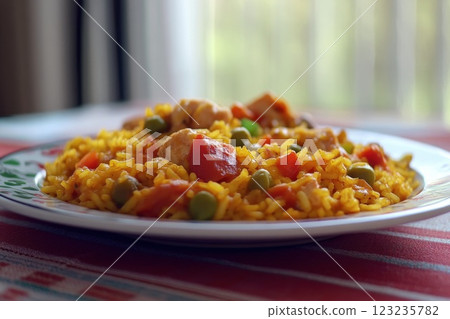 A plate of yellow rice with chicken, peas, and red bell peppers served on a table with a blurred background. 123235782