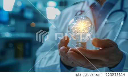 A doctor holds a light bulb, symbolizing continuous advancement in medical technology, representing innovation and the ongoing pursuit of excellence in healthcare and treatment solutions. AI Generated A doctor holds a light bulb, symbolizing continuous advancement in medical technology, representing innovation and the ongoing pursuit of excellence in healthcare and treatment solutions. AI Generated 123235814