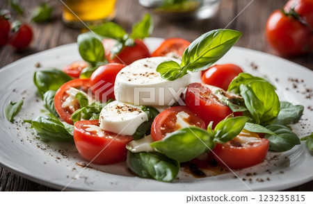 A delicious and healthy Caprese salad featuring fresh mozzarella, ripe tomatoes, and fragrant basil drizzled with balsamic glaze, perfect for a refreshing appetizer or side dish. AI Generated A delicious and healthy Caprese salad featuring fresh mozzarella, ripe tomatoes, and fragrant basil drizzled with balsamic glaze, perfect for a refreshing appetizer or side dish. AI Generated 123235815