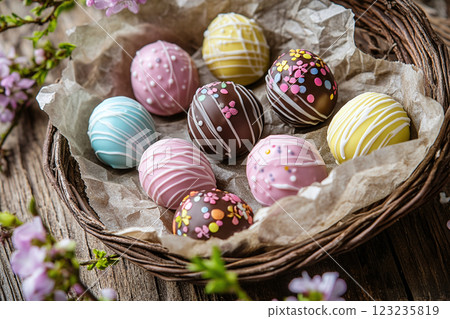 Elegant Easter Chocolate Truffles in Pastel Hues 123235819