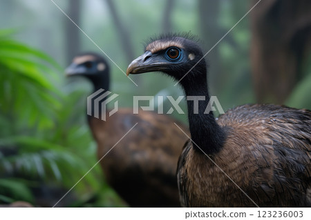 two flightless bird in rainforest, concept of rare and endangered species 123236003