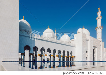 View of Sheikh Zayed Grand Mosque in Abu Dhabi made of white marble with flowers made of precious stones in design and beautiful reflections 123236166