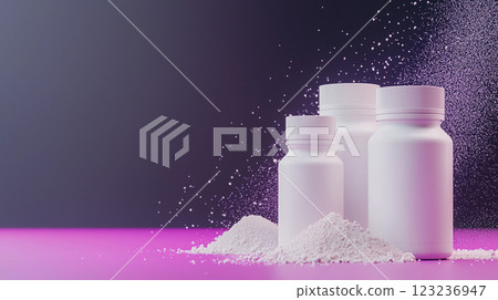 white bottles with protein and powder supplement vitamins scattered nearby, advertising mockup on purple background 123236947