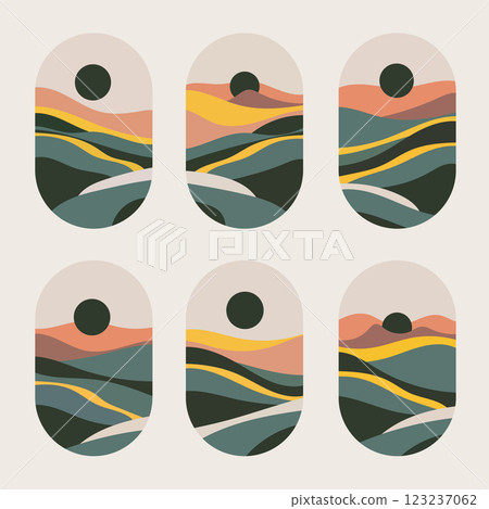A set of abstract geometric landscapes featuring curved and layered elements. Ideal for modern art prints, posters, and creative backgrounds. 123237062