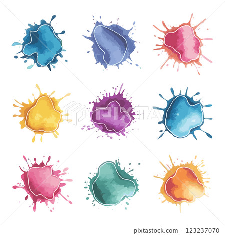A collection of watercolor stains with a natural ink splatter effect in bright and pastel tones. A collection of watercolor stains with a natural ink splatter effect in bright and pastel tones. 123237070
