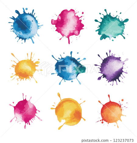 A set of watercolor ink splashes in various colors, creating a vibrant and artistic look. Perfect for graphic design, branding, and creative projects. 123237073