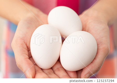 Image of a woman holding a raw egg (stock photo) Image of a woman holding a raw egg (stock photo) 123237294