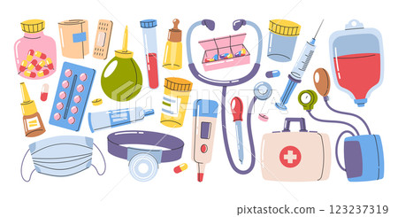 Medical equipment, first aid kit, doctor instruments, pharmaceuticals cartoon flat doodle elements Medical equipment, first aid kit, doctor instruments, pharmaceuticals cartoon flat doodle elements 123237319