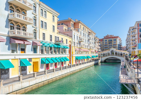 Qanat Quartier Venetian copy luxury residential district with authentic colorful apartment buildings and water channel with bridge, Pearl Island, Doha, Qatar 123237456