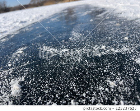 A close-up of a frozen surface with ice and scattered snow, capturing the texture and detail of the wintry conditions. A close-up of a frozen surface with ice and scattered snow, capturing the texture and detail of the wintry conditions. 123237623