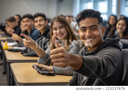 Students in a classroom are sitting at desks giving a thumbs up Students in a classroom are sitting at desks giving a thumbs up 123237676