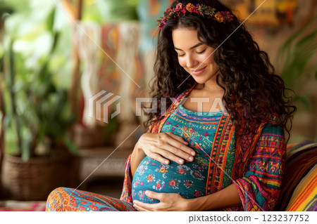 Pregnant woman sitting, touching belly, wearing floral dress and crown indoors. Concept of motherhood and happiness. For representing maternity themes. 123237752