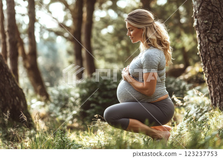Pregnant woman kneels in a sunny forest, holding her belly warmly. Concept of maternal connection with nature. For prenatal health articles 123237753