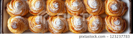Twelve swirled pastries dusted with powdered sugar are arranged on a rectangular tray. Concept of delicious pastries or desserts. For bakery ads 123237783