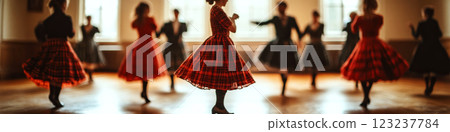 Dancers in traditional outfits perform in a bright room. Concept of celebration, tradition, movement. For dance event promotion. 123237784