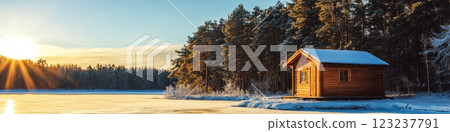 A cabin sits by a snowy forest and frozen lake at sunrise. Concept of serene winter retreat. For nature photo. 123237791