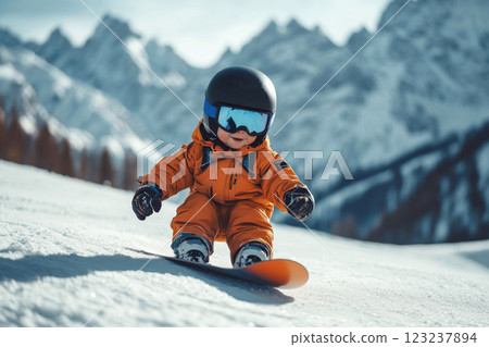 Child in an orange snowsuit snowboarding downhill on a snowy mountain with goggles and helmet. 123237894
