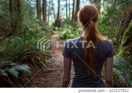 A woman with red hair stands on a forest trail, facing away. Concept of solitude in nature. For outdoor activity inspiration 123237932