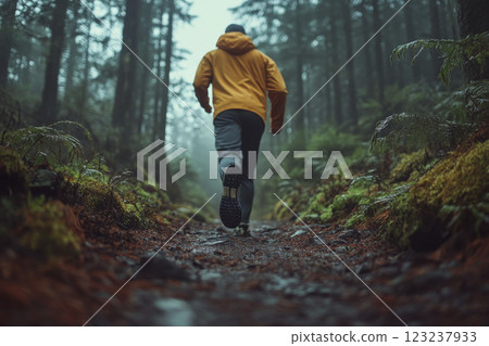 Running person in a yellow hoodie on a forest path surrounded by greenery. Concept of outdoor recreation and nature exploration. For fitness and adventure themes 123237933