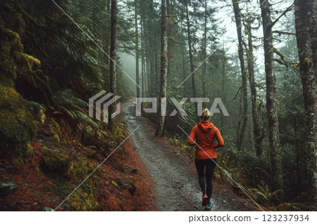 A person in a red jacket jogs along a misty forest path surrounded by tall trees. Concept of nature and fitness. For outdoor sports promotion. 123237934