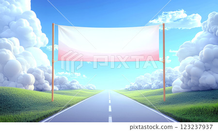Banner with "Blank" text stands over an empty road under a blue sky with fluffy clouds. Concept of open space and potential. For advertisement design template. Banner with "Blank" text stands over an empty road under a blue sky with fluffy clouds. Concept of open space and potential. For advertisement design template. 123237937