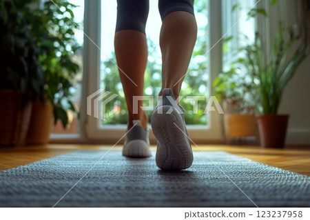 A person wearing athletic shoes walks on a mat indoors, surrounded by potted plants in natural light. Concept of exercise and home fitness. For showcasing a healthy lifestyle 123237958