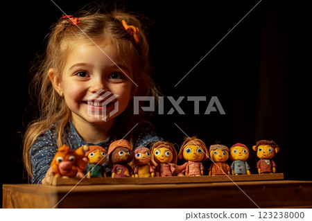 Smiling girl with ponytails sitting behind a row of colorful small figurines on a wooden surface. 123238000