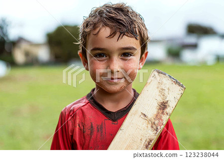 A young boy with muddy cheeks holds a cricket bat, standing on a grassy field while wearing a red shirt. 123238044