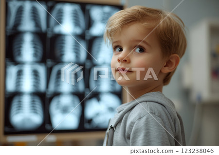Blond child in gray jacket stands gazing sideways near monitor displaying chest X-rays with blurred medical equipment in the background. 123238046