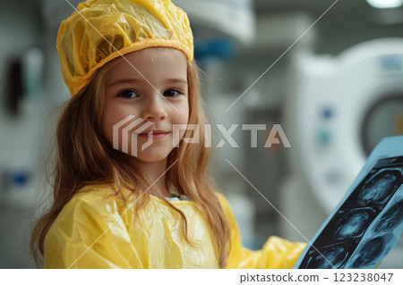 A young girl in a yellow protective suit smiles while holding medical scans in a modern examination room. 123238047