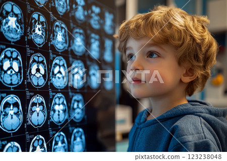 Child looks at brain scans displayed on a screen, showing detailed anatomical images. 123238048