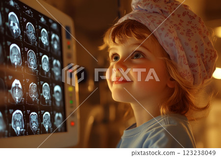Child wearing a floral headscarf stands beside a screen showing brain scans, lit warmly, smiling softly. 123238049