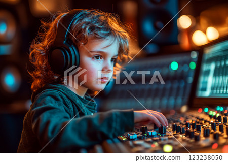 Child wearing headphones operates audio mixing console with focus and concentration in a dimly lit studio. 123238050
