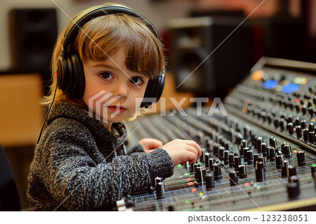 Child wearing headphones adjusting audio mixer in a studio setting. 123238051