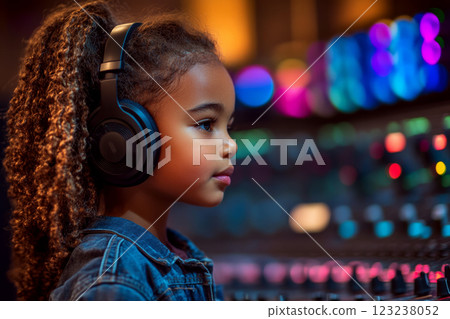 Young girl with headphones focusing on soundboard, colorful lights in background. 123238052