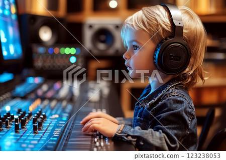 A young child wearing headphones is focused on operating an audio mixing console in a recording studio. 123238053