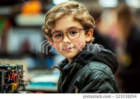 Young boy with glasses in a dark jacket is standing indoors near an electronic device. 123238054