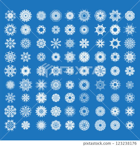Set of White Winter Snowflakes Isolated on Blue Background Set of White Winter Snowflakes Isolated on Blue Background 123238176