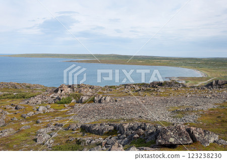 Barents Sea coast, piles of stones in tundra, summer landscape 123238230