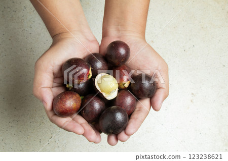 Top view of a man's hand carrying Matoa fruit (Pometia pinnata) typical of Papua, Indonesia, with a terrazzo granite background 123238621
