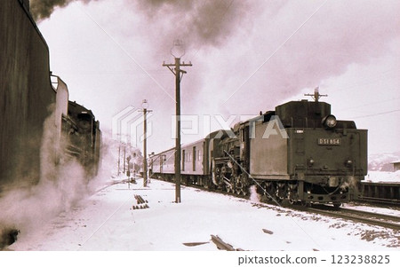 1970 年蒸汽機車 D51 型客運列車，輔助發動機，奧羽本線，青森縣碇關市，檔案照片 123238825