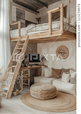 Cozy loft apartment with wooden bunk bed, neutral tones, and rustic decor Cozy loft apartment with wooden bunk bed, neutral tones, and rustic decor 123239078