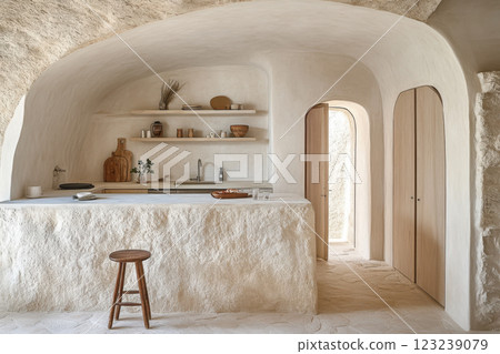 Rustic cave kitchen design with natural stone walls and wooden accents in mediterranean style 123239079