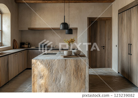 Modern rustic kitchen with stone island, wood cabinets, and minimalist decor in natural light 123239082