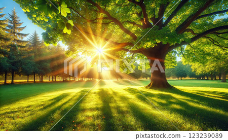 清晨陽光照耀下的鬱鬱蔥蔥的公園風景 123239089