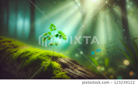 森林裡的嫩葉和傾瀉而下的奇妙光線 123239122