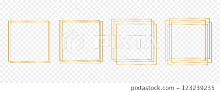 Set of golden square frames. Shiny rectangular borders, bright decorative frameworks, design elements for banners, birthday or wedding cards isolated on transparent background. Vector illustration Set of golden square frames. Shiny rectangular borders, bright decorative frameworks, design elements for banners, birthday or wedding cards isolated on transparent background. Vector illustration 123239235