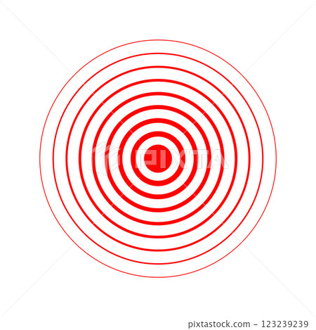 Pain localization icon. Red concentric circles. Sore, ache or inflammation symbol. Pulse or vibration sign. Shockwave, radar or sound wave pictogram isolated on white background. Vector illustration 123239239
