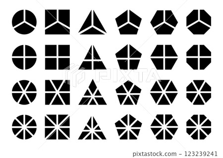 Set of geometric round, square and triangle, pentagon, hexagon and octagon shapes divided into 3, 4, 6 and 8 equal slices. Simple diagrams, business charts templates. Vector graphic illustration Set of geometric round, square and triangle, pentagon, hexagon and octagon shapes divided into 3, 4, 6 and 8 equal slices. Simple diagrams, business charts templates. Vector graphic illustration 123239241